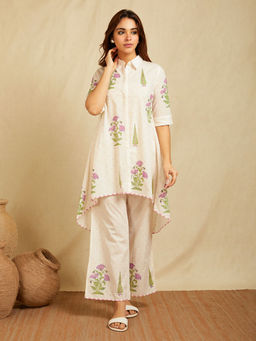 SHAABA CLOTHING - Off-White Hand Block Printed Cotton Kurta and Pant (Set of 2)