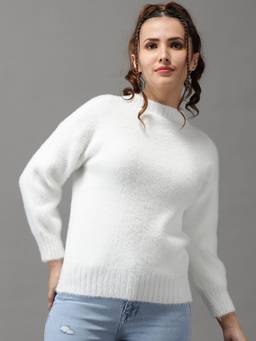 SHOWOFFFF - Womens Long Sleeves Regular White Solid Pullover
