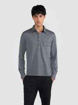 Perona - Grey Marin Lyocell Collar Neck Solid/Plain Polo T-Shirt