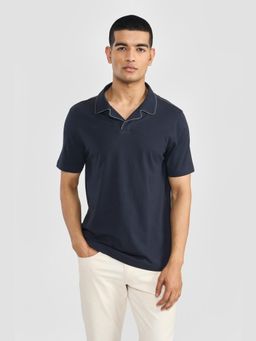 Perona - Navy Blue Alex Pure Cotton Collar Neck Solid/Plain Polo T-Shirt