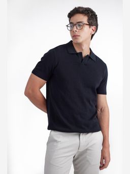Perona - Black Jaque Silk Blend Collar Neck Solid/Plain Polo T-Shirt
