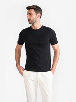 Perona - Black Caden Pure Cotton Crew Neck Solid/Plain T-Shirt