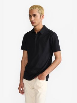 Perona - Black Ethan Pure Cotton Collar Neck Solid/Plain Polo T-Shirt