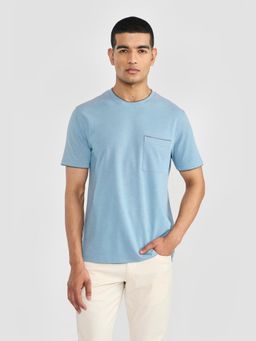 Perona - Blue Kairo Cotton Crew Neck Solid/Plain T-Shirt