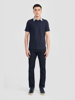 Perona - Navy Blue Lorenzo Pure Cotton Collar Neck Solid/Plain Polo T-Shirt
