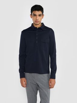 Perona - Navy Blue Marin Cotton Blend Collar Neck Solid/Plain Polo T-Shirt