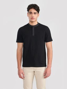 Perona - Black Sean Pure Cotton Mandarin Neck Solid/Plain T-Shirt