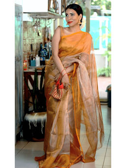 Shobitam - Yellow Sun and Sand Handwoven Tissue Drape Saree with Unstitched Blouse with Unstitched