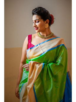 Shobitam - Green Raga Sudha Handwoven Uppala Silk Drape Saree with Unstitched Blouse with Unstitched