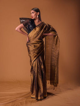 Shobitam - Bronze Goddess Handwoven Tissue Silk Drape Saree with Unstitched Blouse with Unstitched
