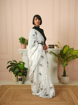 Shobitam - White Gaja Gamini Cotton Drape Saree with Unstitched Blouse with Unstitched