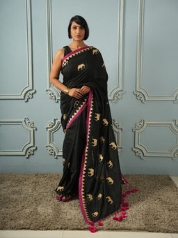Shobitam - Black Gaja Drape Saree with Unstitched Blouse with Unstitched