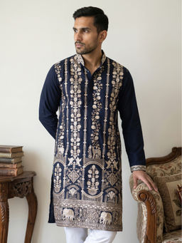 Jompers - Navy Blue Embroidered Full Sleeves Kurta