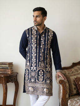 Jompers - Navy Blue Embroidered Full Sleeves Kurta & Pyjama