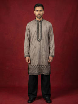 Jompers - Brown Embroidered Full Sleeves Kurta & Pyjama