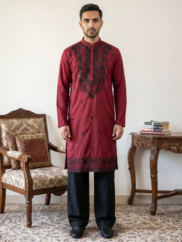 Jompers - Maroon Embroidered Full Sleeves Kurta & Pyjama