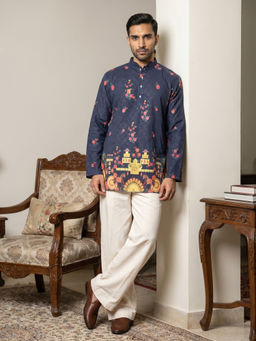 Jompers - Navy Blue Floral Full Sleeves Kurta & Pyjama