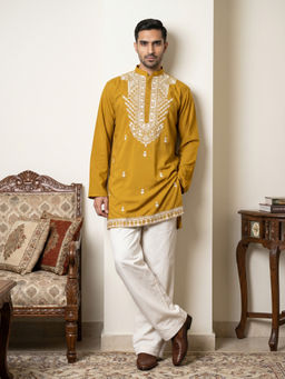 Jompers - Mustard Embroidered Full Sleeves Kurta & Pyjama