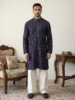 Jompers - Navy Blue Embroidered Full Sleeves Kurta & Pyjama