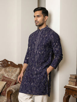 Jompers - Navy Blue Embroidered Full Sleeves Kurta