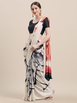 Tikhi Imli - Off White & Red Colorblocked Satin Saree with Unstitched Blouse