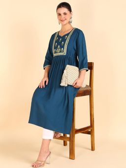 Zelena - Women 3-4 Sleeve Round Neck Rayon Ethnic Maternity Feeding Kurta with Zip