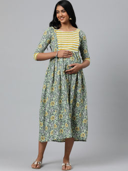 Swishchick - Green Fit and Flare Concealed Feeding Zip Maternity Dress