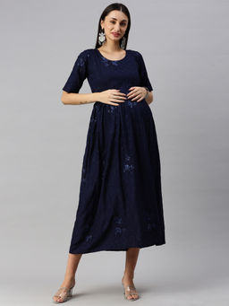 Swishchick - Navy Blue Fit and Flare Concealed Feeding Zip Maternity Dress