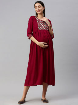 Swishchick - Red Fit and Flare Concealed Feeding Zip Maternity Dress