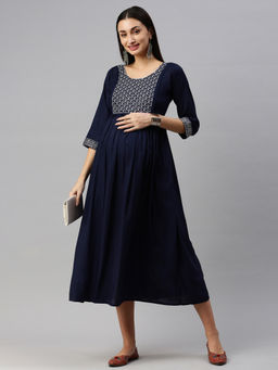 Swishchick - Navy Blue Fit and Flare Concealed Feeding Zip Maternity Dress