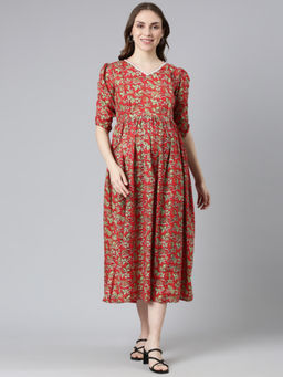 Swishchick - Red Fit and Flare Concealed Feeding Zip Maternity Dress