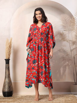 Zelena - Red Rayon Floral Printed Maternity Zipless Feeding Kaftan