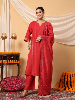 Zelena - Red Cotton Maternity Feeding Kurta Pant with Dupatta (Set of 3)