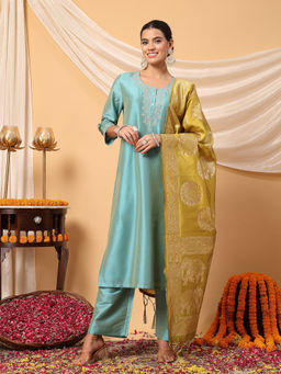 Zelena - Blue Polyester Maternity Zipless Feeding Kurta Pant and Dupatta (Set of 3)