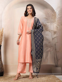 Zelena - Peach Polyester Maternity Zipless Feeding Kurta Pant and Dupatta (Set of 3)