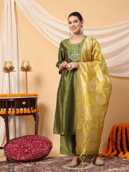 Zelena - Green Polyester Maternity Feeding Kurta Pant with Dupatta (Set of 3)