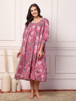 Zelena - Pink Cotton Printed Maternity Zipless Feeding Nighty