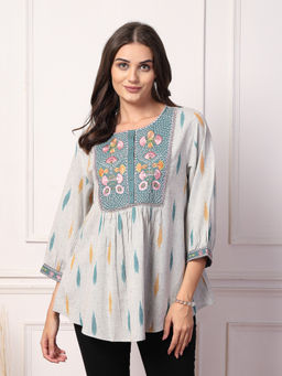 Zelena - Grey Cotton Ikat Printed Maternity Zipless Feeding Top