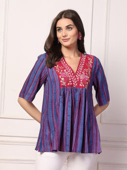 Zelena - Blue Rayon Striped Printed Maternity Feeding Top