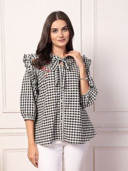 Zelena - Black Cotton Check Printed Maternity Feeding Zipless Top