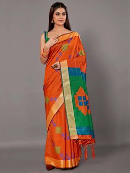 Sareemall - Women Cotton Silk Orange Woven Design Handloom Saree with Unstitched Blouse Piece