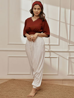 Vastramay - Women Maroon Cambric Cotton Crop Top with Harem Pant (Set of 2)