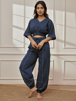 Vastramay - Women Navy Blue Cambric Cotton Co-Ord (Set of 2)