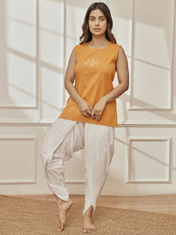 Vastramay - Women Dusty Orange Embroidered Yoga Kurti with Dhoti Pant (Set of 2)