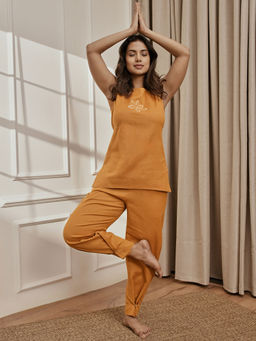 Vastramay - Women Dusty Orange Ethnic Embroidered Yoga Sleeveless Co-Ord (Set of 2)