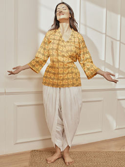 Vastramay - Women Yellow Printed Wrap Top with White Dhoti Pant (Set of 2)