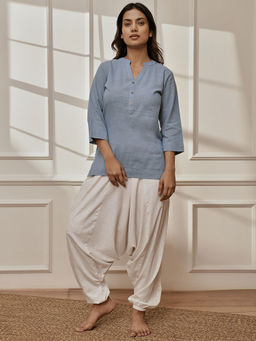 Vastramay - Women Blue Cotton Linen Kurti with Harem Pant (Set of 2)