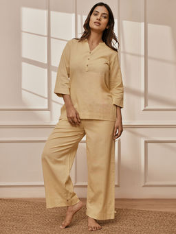 Vastramay - Women Beige Cotton Linen Three-Quarter Sleeves Yoga Co-Ord (Set of 2)