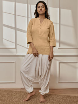 Vastramay - Women Beige Cotton Linen Kurti with Harem Pant (Set of 2)