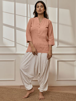 Vastramay - Women Rose Pink Cotton Linen Kurti with Harem Pant (Set of 2)